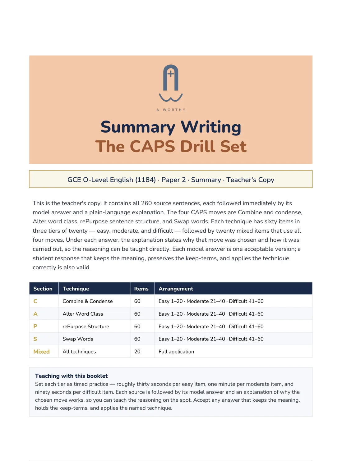 Cover of A-Worthy's Summary Writing CAPS Drill Set for GCE O-Level English 1184, teacher's copy: 260 source sentences with model answers and explanations, 60 items per technique in three tiers