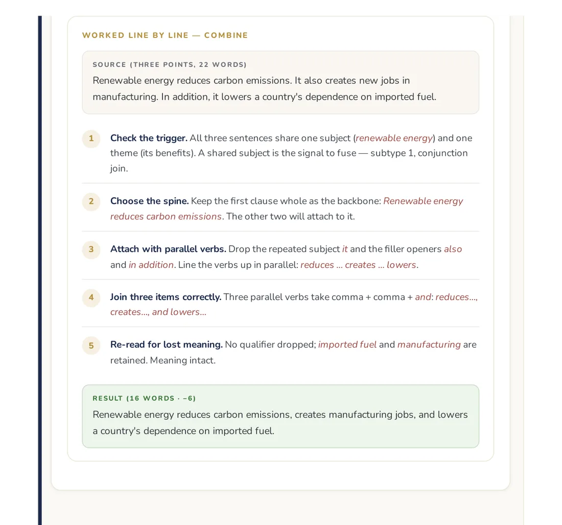 The Worked Line By Line — Combine page from the CAPS cheatsheet: a 22-word three-point source compressed to 16 words through five numbered moves, ending in the result box