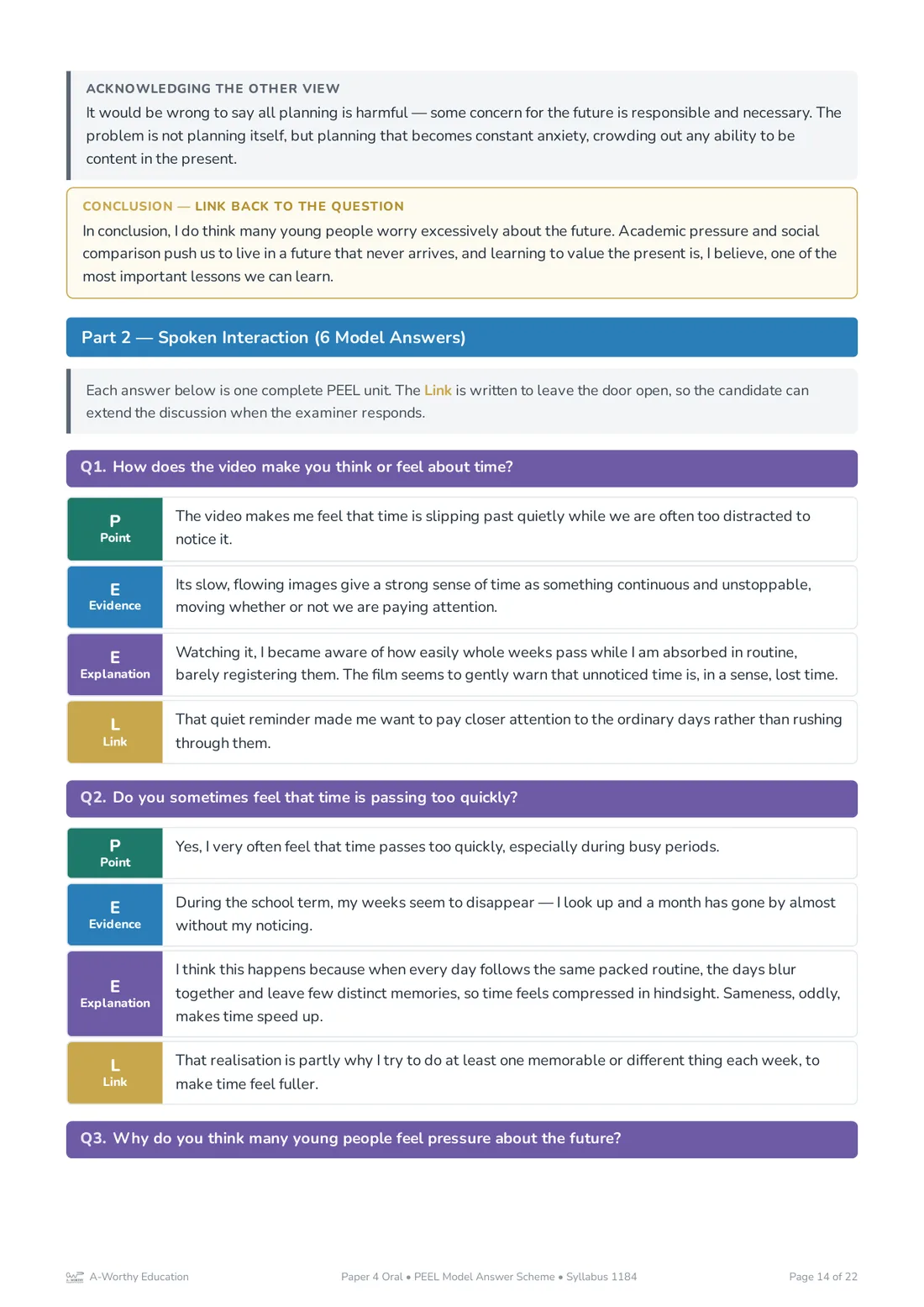 A Practice Set 3 page, The Passage of Time: the planned response model with stance banner and colour-coded PEEL reason rows